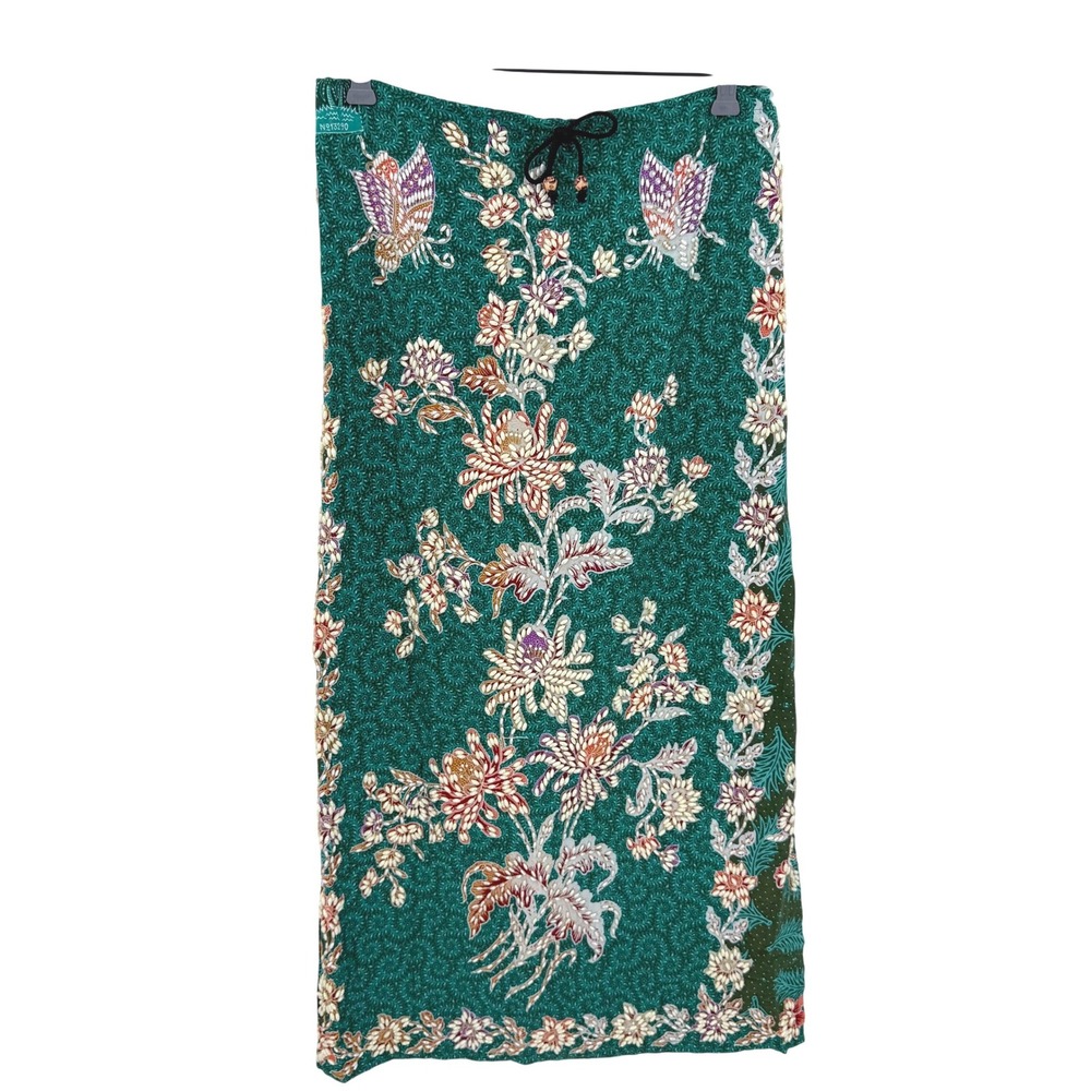 Handmade Green Batik Floral Butterfly Beaded Maxi Skirt Bohemian Elastic Waist M